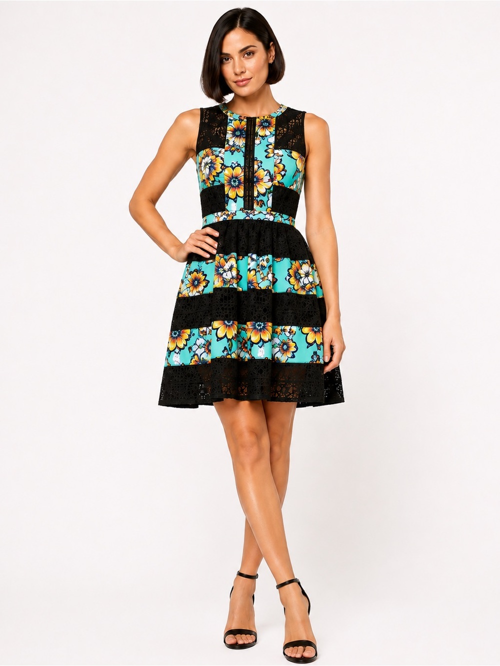 BCBGMAXAZRIA Cecile Floral Black Lace Fit Flare Cocktail Dress Size 10 Blue